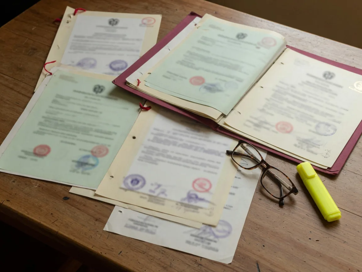 Documentos de propiedad y lentes sobre escritorio (sin datos legibles)